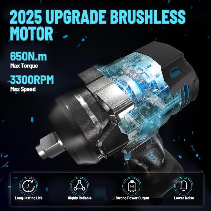 GEVEELIFE 700Nm Brushless Cordless Impact Wrench 1/2", 2×4.0Ah